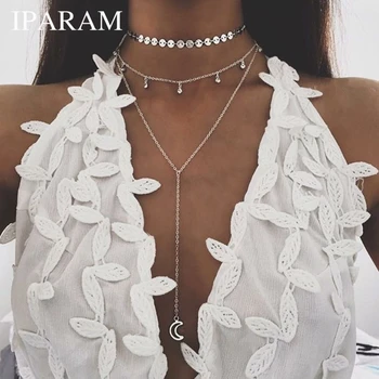 

IPARAM Bohemia Multilayer Necklace Wafer Chain Crystal Pendant Moon Necklace Layered Ethnic Women Gift Jewelery