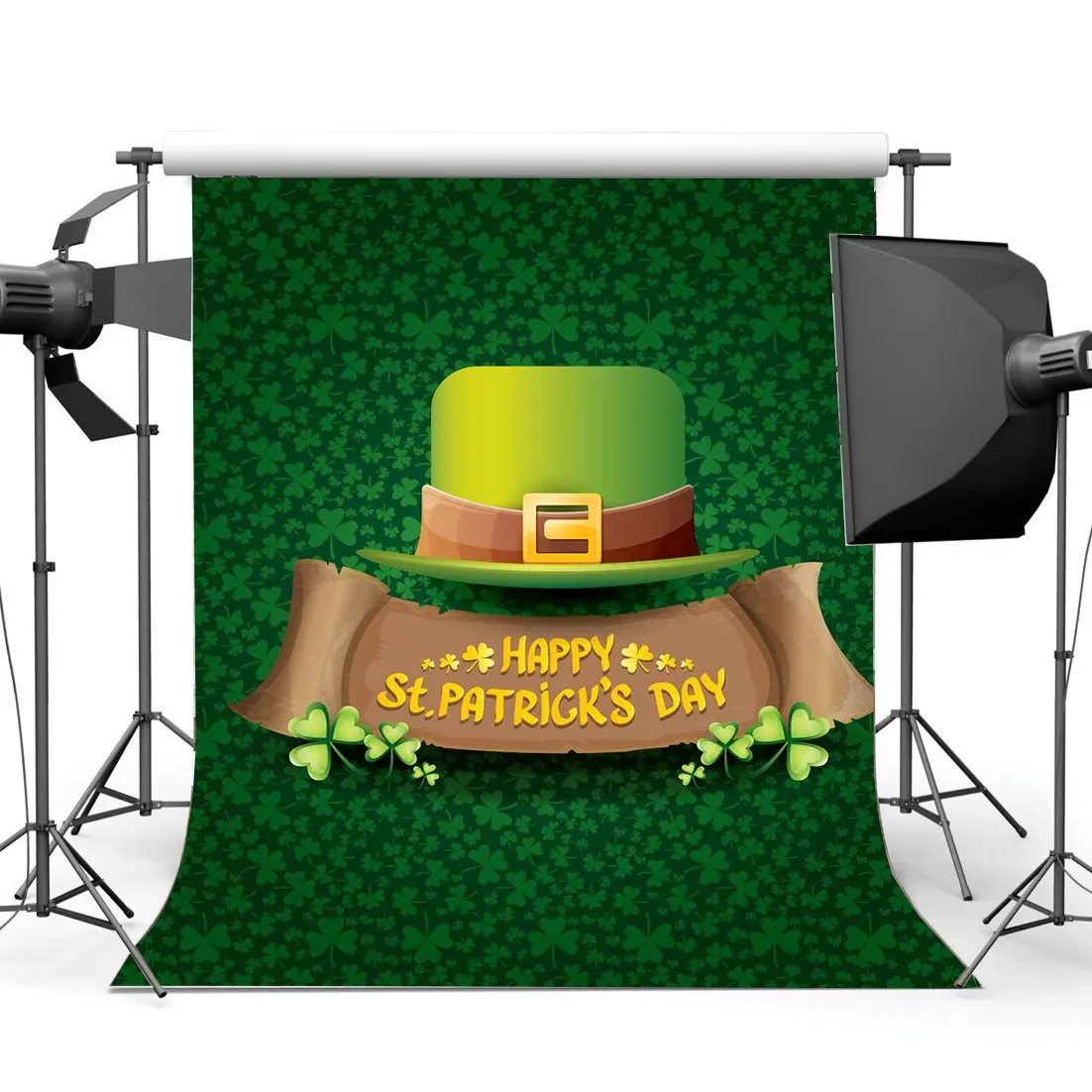 

Happy St.Patrick's Day Backdrop Lucky Irish Shamrock Green Four-leaf Clover Leprechaun's Hat Background