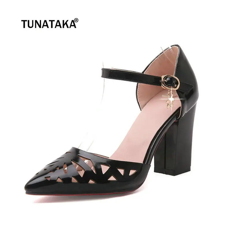 Women Fashion Hollow Thick High Heels Pointed Toe Buckle Casual Summer Pumps Shoes White Black Pink Red