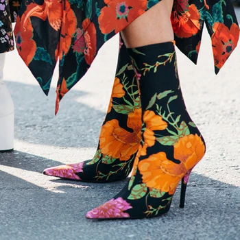Floral Stretch Fabric Women Sock Boots Pointed Toe Mid-Calf Women Boots Brand Design High Heel Women Boots 66 Size SWE0000
Floral Stretch Fabric Women Sock Boots Pointed Toe Mid-Calf Women Boots Brand Design High Heel Women Boots 66 Size SWE0000