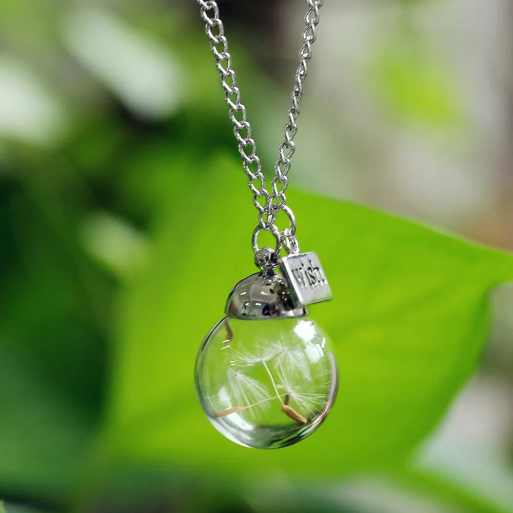 

Make A Wish Glass Bead Orb Natural dandelion seed in glass long necklace Glass bottle necklace silver plated Necklace jewelry