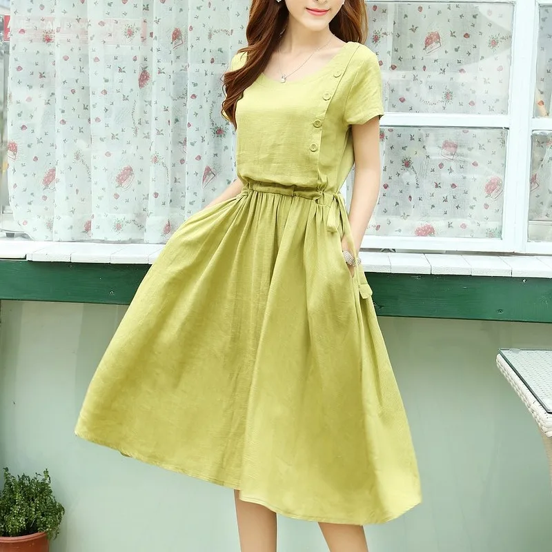 Short Sleeve Cotton And Linen Dress Women Solid Color Slim Waist Drawstring O-neck Vintage Style Mori Girl Women Dresses
Short Sleeve Cotton And Linen Dress Women Solid Color Slim Waist Drawstring O-neck Vintage Style Mori Girl Women Dresses