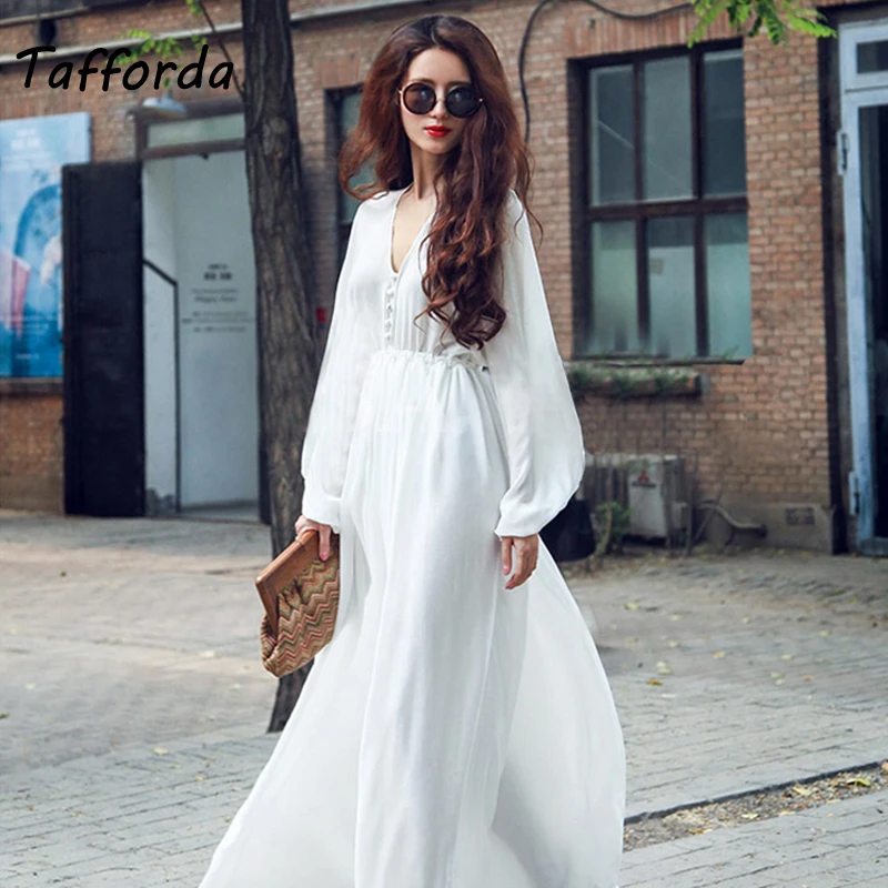 Tafforda 2018 Spring and Summer New Model Solid Color V-neck Lantern Sleeve Long Chiffon Beach Dress Leisure Loose Large Size
Tafforda 2018 Spring and Summer New Model Solid Color V-neck Lantern Sleeve Long Chiffon Beach Dress Leisure Loose Large Size