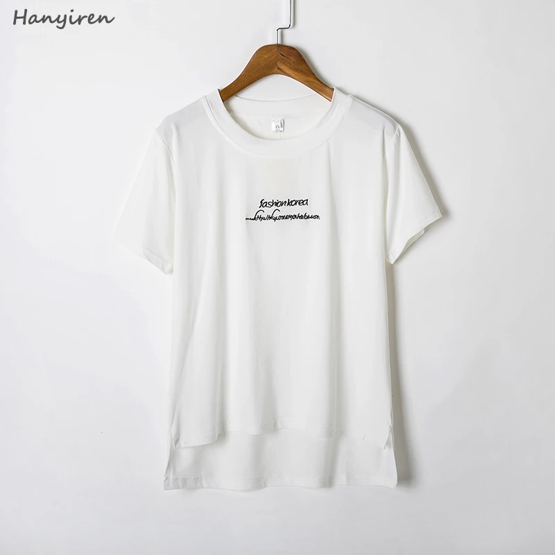 Фото Hanyiren высокое качество круглый вырез белый цвет хлопковая Базовая футболка