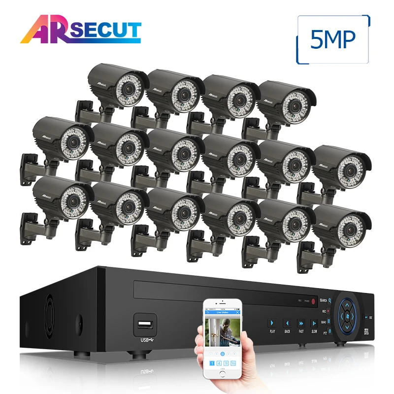 

ARSECUT 16CH Plug and Play 5MP POE NVR Kit P2P 1920P HD Indoor Outdoor IR Night Vision Security Camera System 48V IP Camera Kit