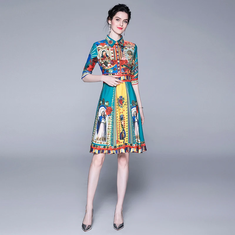 Women High Waist National Style Print Vintage Turn-down Collar Slim Lady Women Casual Evening Party Meduim-Long Dresses
Women High Waist National Style Print Vintage Turn-down Collar Slim Lady Women Casual Evening Party Meduim-Long Dresses