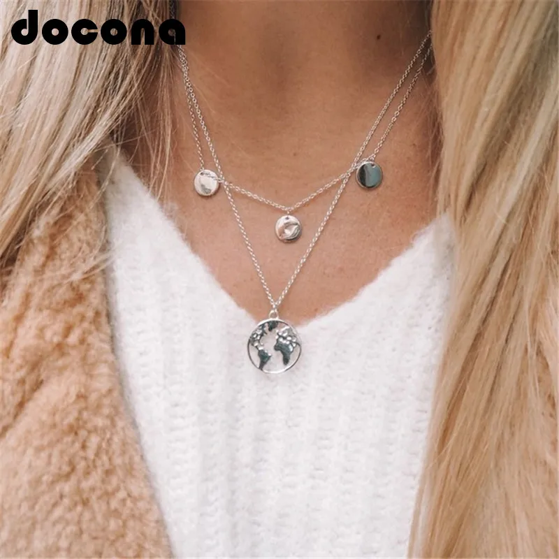 

docona World Map Pendant Necklace for Women Silver Gold Metal Dainty Globe Earth Layered Necklace Globetrotter Collares 6179