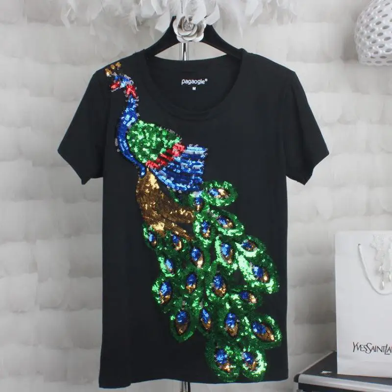 Zuolunouba New Summer Office Lady Short Sleeve Women T Shirts Sequin Peacock Patchwork Harajuku Cotton Tees Tops Female
Zuolunouba New Summer Office Lady Short Sleeve Women T Shirts Sequin Peacock Patchwork Harajuku Cotton Tees Tops Female