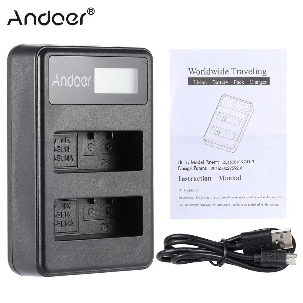 Andoer EN-EL14 EN-EL14A Rechargeable Li-ion Battery Charger Pack LED Display 2-Slot USB Cable Kit for Nikon D3100 D3200 D3300
Andoer EN-EL14 EN-EL14A Rechargeable Li-ion Battery Charger Pack LED Display 2-Slot USB Cable Kit for Nikon D3100 D3200 D3300