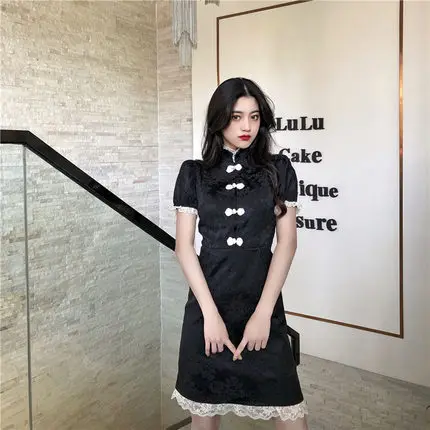 Vintage Black Cheongsam Short Dress Lace Patchwork Short Sleeve Ladies Dresses Women Summer Sundress Vestidos
Vintage Black Cheongsam Short Dress Lace Patchwork Short Sleeve Ladies Dresses Women Summer Sundress Vestidos