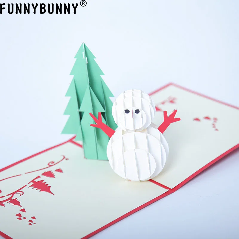 FUNNYBUNNY Handmade Hollow 3D Pop Up Snowman Tree Greeting Card Xmas Souvenir Cards Gift | Дом и сад