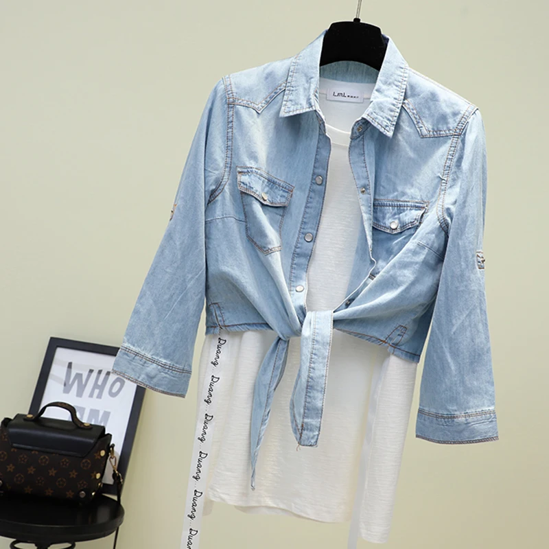 Spring Women Denim Shirt 2018 Summer New Wild Solid Color Large Size Short Paragraph Lapel Waistcoat Thin Female 215 |