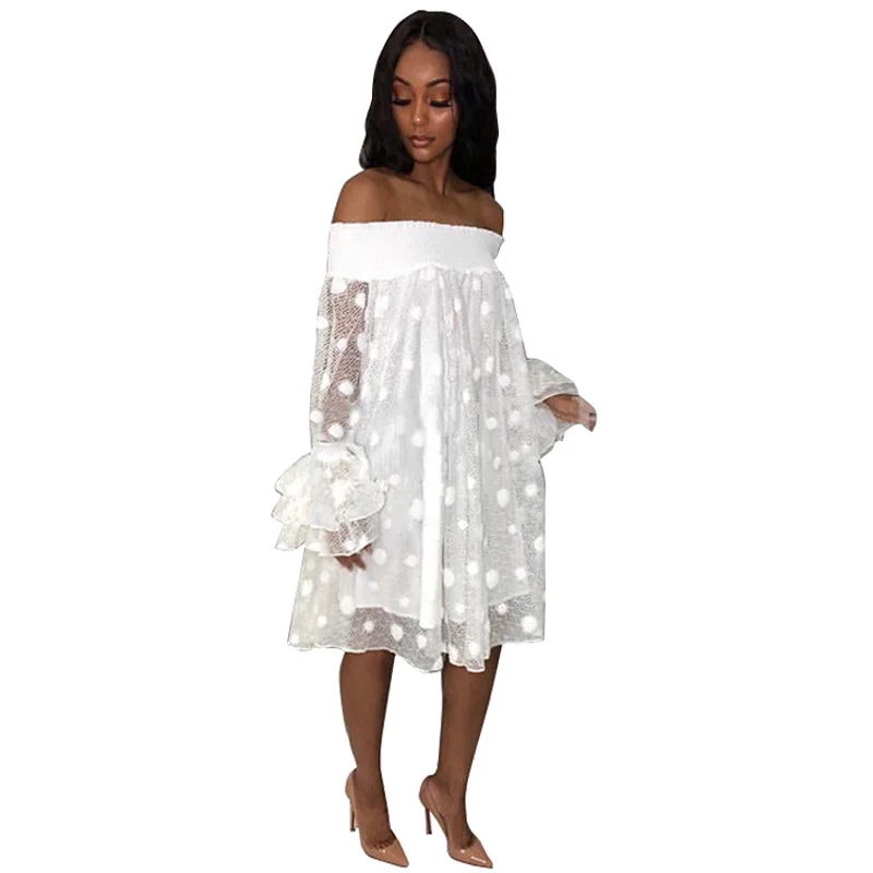 Polka Dot White Lace Dress Women Streetwear Casual Summer Dresses Flare Sleeve Layered Mesh Off The Shoulder Party Dress 2018
Polka Dot White Lace Dress Women Streetwear Casual Summer Dresses Flare Sleeve Layered Mesh Off The Shoulder Party Dress 2018