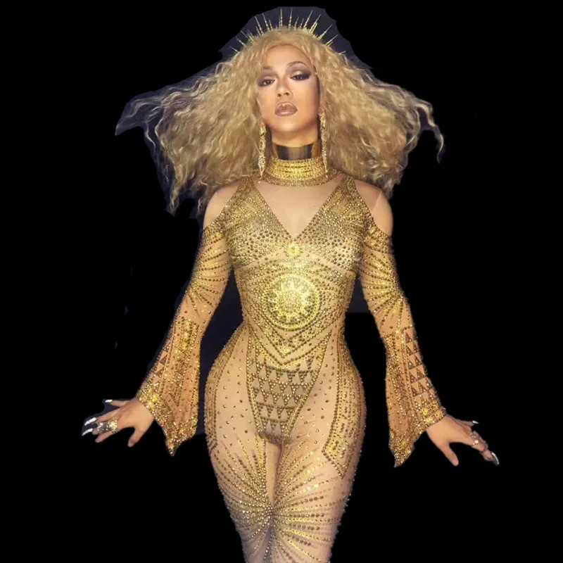 Sexy Nice Bodysuis Full Crystals Stage Wear Costume Prom Birthday Celebrate Outfit Fashion Gold Rhinestones Nude Jumpsuit Women
Sexy Nice Bodysuis Full Crystals Stage Wear Costume Prom Birthday Celebrate Outfit Fashion Gold Rhinestones Nude Jumpsuit Women