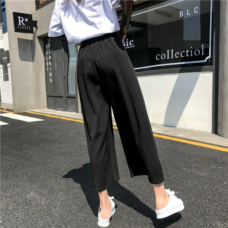 Plus Size - Casual Elastic Waist Loose Wide Leg Pants Preppy Style Trousers Female Palazzo Pants (Us 18W-20W)