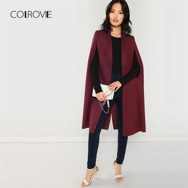 

COLROVIE Burgundy Solid Buttoned Shawl Collar Cape Winter Coat 2018 Fashion Elegant Women Clothes Office Ladies Long Outerwear