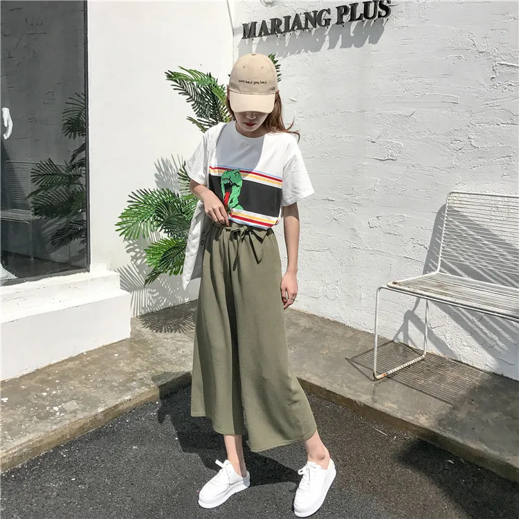 Plus Size - Casual Elastic Waist Loose Wide Leg Pants Preppy Style Trousers Female Palazzo Pants (Us 18W-20W)