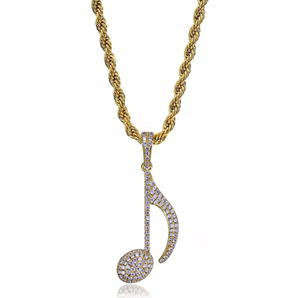 

Full AAA+ CZ Pave Bling Ice Out Musical Note Pendant Necklaces Gold Silver Color Copper Material Men's Hip Hop Rapper Jewelry