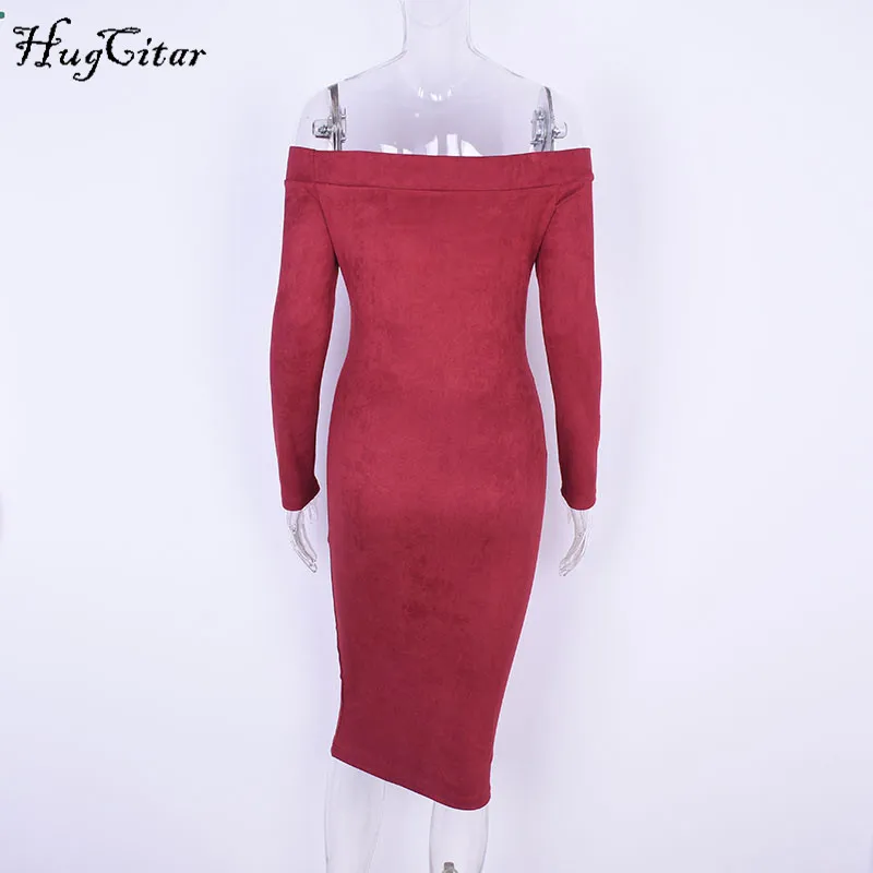 Hugcitar Suede Long Sleeve off shoulder Women mid-calf Dress 2017 Autumn Winter Female sexy Bodycon new year party Dresses 21