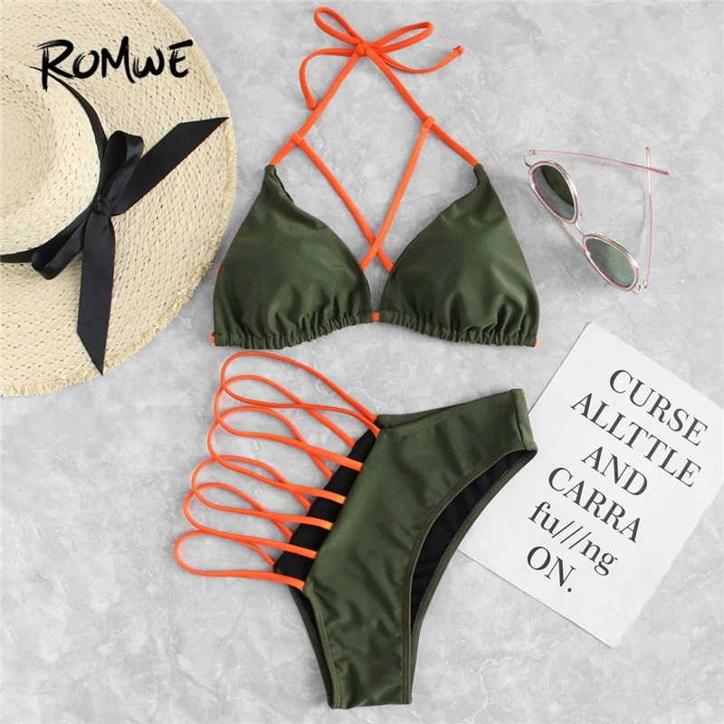 

Romwe Sport Army Green Criss Cross Triangle Halter Top With Ladder Cut Out Bottoms Bikinis Set Sexy Women Beach Two-Pieces Suits