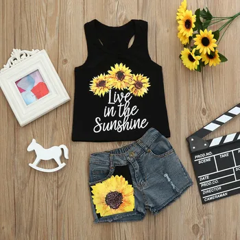 Kids clothes Set Girls Cute Sunflowers Letter Print Vest Tops T-Shirt Floral Denim Shorts Outfit Set clothes for girls A1
Kids clothes Set Girls Cute Sunflowers Letter Print Vest Tops T-Shirt Floral Denim Shorts Outfit Set clothes for girls A1