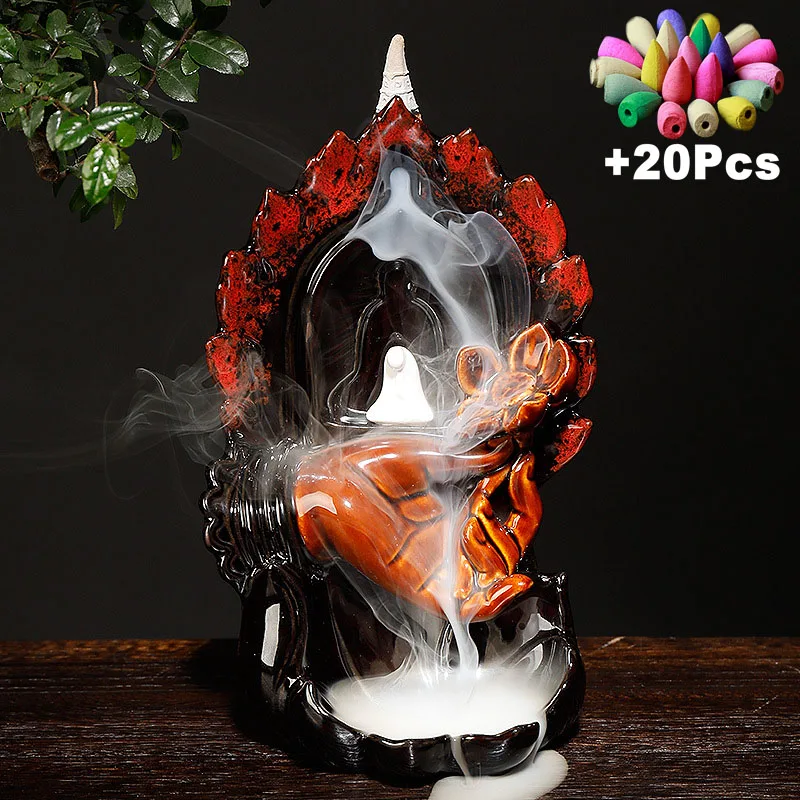 

Gift 20Pcs Cones Creative Home Decor Handicraft Lotus Buddha's-hand Backflow Incense Burner Ceramic Censer