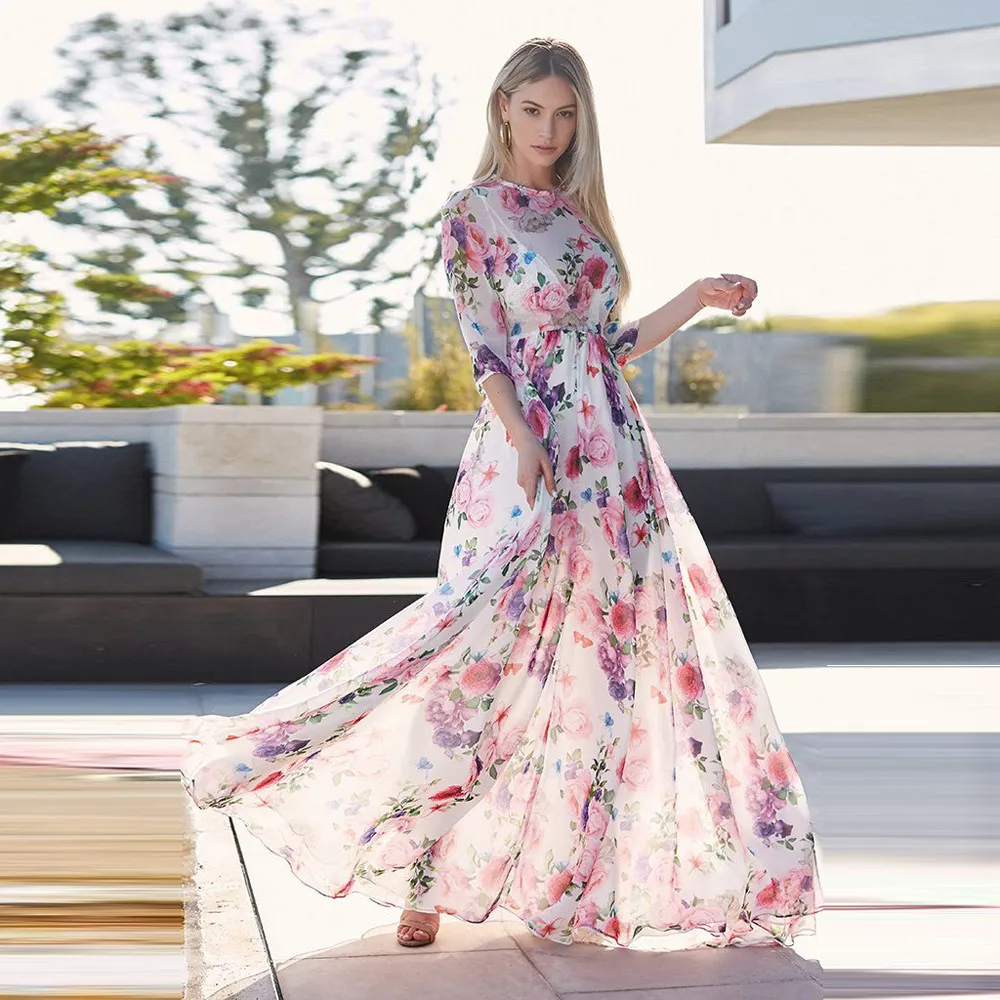 Women Floral Printed Beach Dress O-Neck Three Quarter Sleeve Long Floor-Length Dresses Casual Elegant Ladies Seaside Dress Robe
Women Floral Printed Beach Dress O-Neck Three Quarter Sleeve Long Floor-Length Dresses Casual Elegant Ladies Seaside Dress Robe