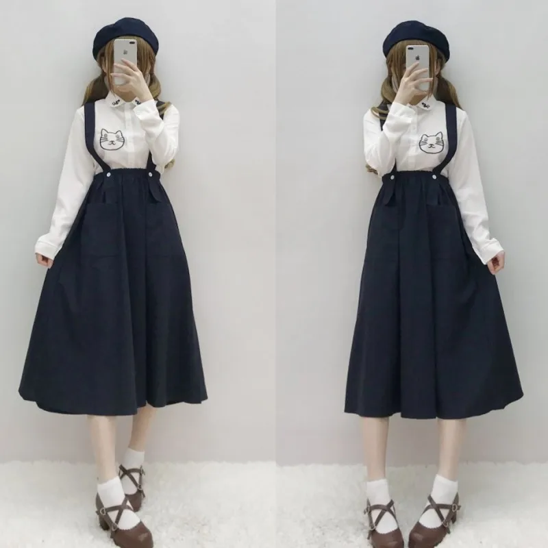 Cute Women's 2Pcs Set: Cat Embroidery Shirt+Empire Waist Mid-Calf Skirt Detachable Strap Preppy Style Spring Women Fashion Girl
Cute Women's 2Pcs Set: Cat Embroidery Shirt+Empire Waist Mid-Calf Skirt Detachable Strap Preppy Style Spring Women Fashion Girl