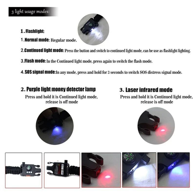 7 in 1 Outdoor Creative Multifunction Survival LaserFlashlightSOS Light Bracelet Hand-woven Infrared Bracelet (2)