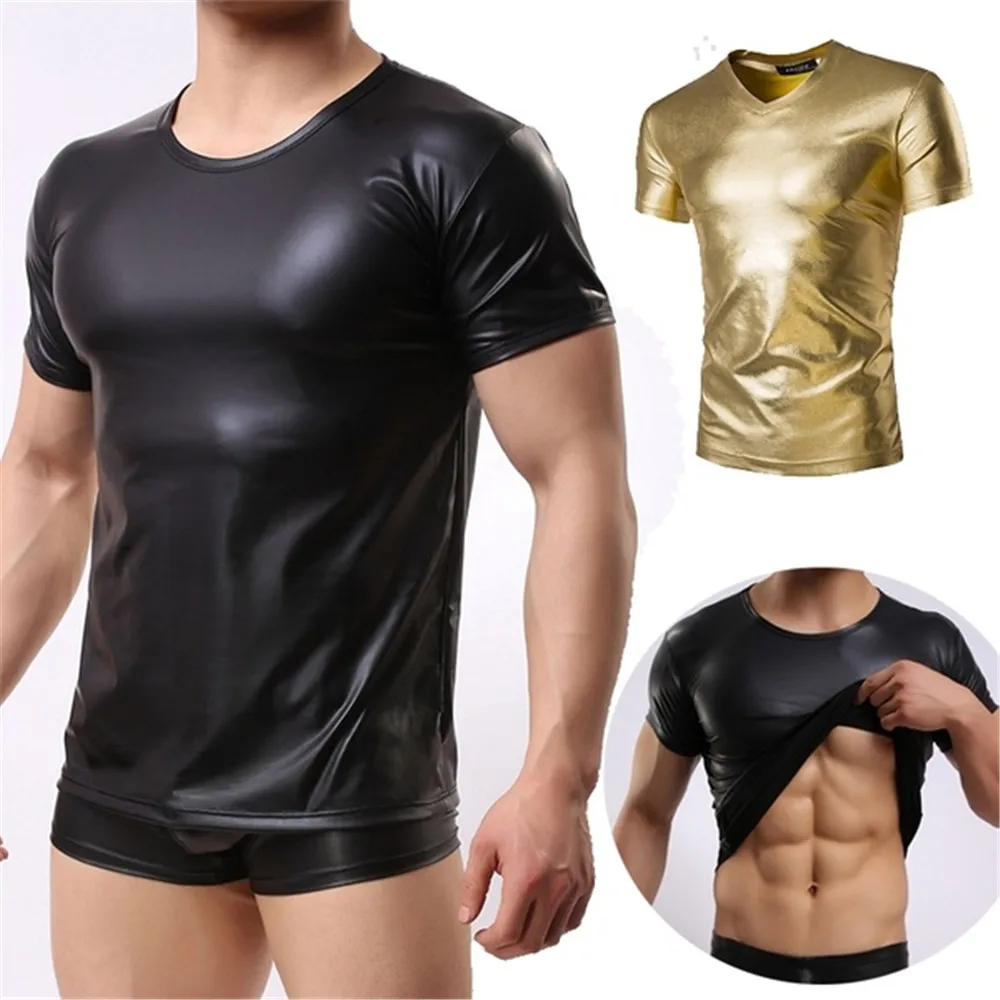 M-4XL Men T Shirt Black Elastic Tops Faux Leather Slim Male Tshirt Short Sleeve Tee Tops Fitness Muscle T-shirts Man Clothes
M-4XL Men T Shirt Black Elastic Tops Faux Leather Slim Male Tshirt Short Sleeve Tee Tops Fitness Muscle T-shirts Man Clothes