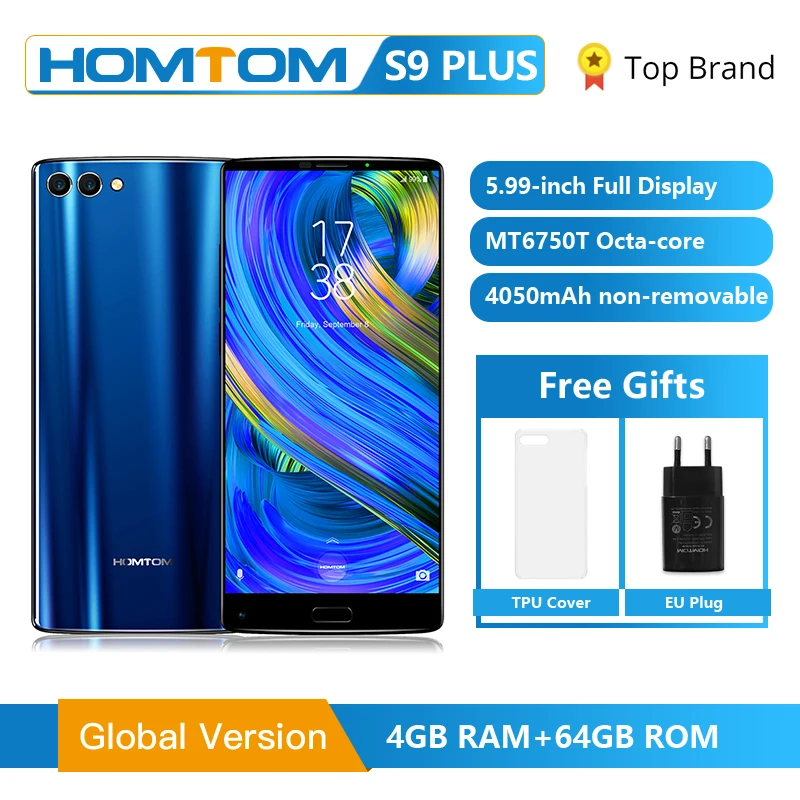 

HOMTOM S9 Plus 18:9 HD+ 5.99" Tri-bezelless Full Display Cell phone MTK6750T Octa Core 4G RAM 64G ROM Dual Back Cam Smartphone