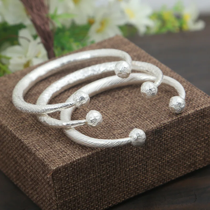 

Fashion S925 Sterling Silver Retro Thai Silver Jewelry White Handmade Male And Female Open Ended Bangle Three Choices