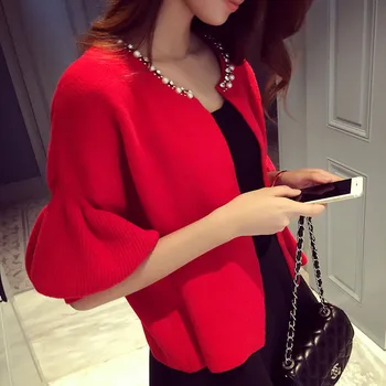 Short Cardigans Autumn Woman Coat Long Lantern Sleeve O-neck Knit Outwear Fashion Beading Red Woman Knitwear T6
Short Cardigans Autumn Woman Coat Long Lantern Sleeve O-neck Knit Outwear Fashion Beading Red Woman Knitwear T6