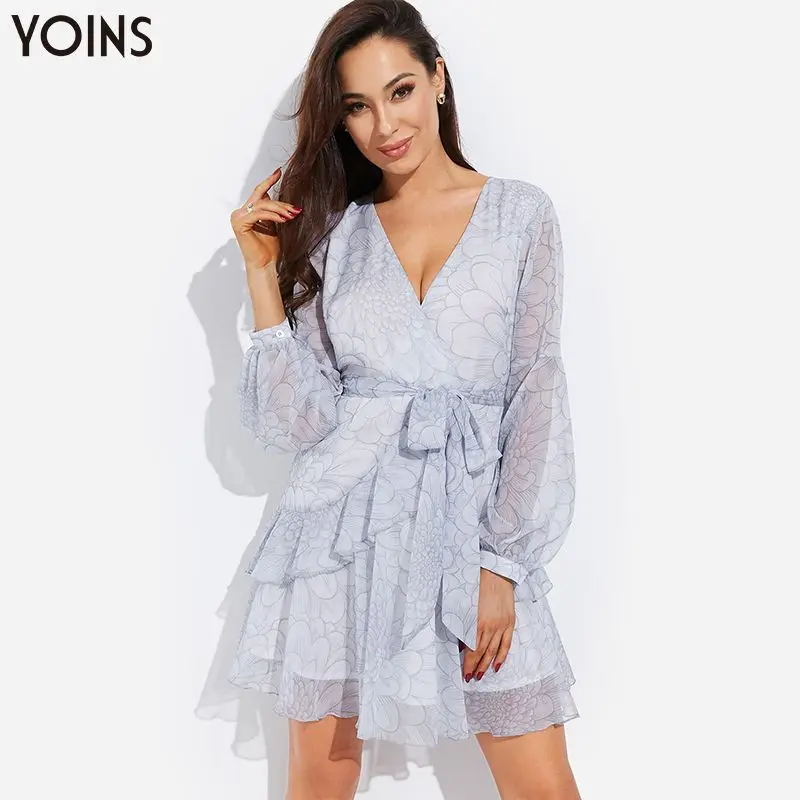 

YOINS 2019 Autumn Summer Women Dress Flounced Hem Vintage Floral Print Lace-up V-neck Lantern Long Sleeve Dresses Casual Vestido