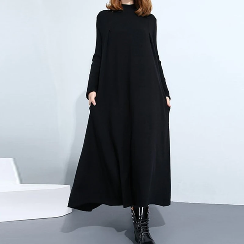 Surdimensionné L-5XL Femmes Tricoté Hiver Robes Chaudes og Manches Longues Col Haut Poches Latérales Longues Robe Solide Spørgsmål Plus La Waist Vestidos