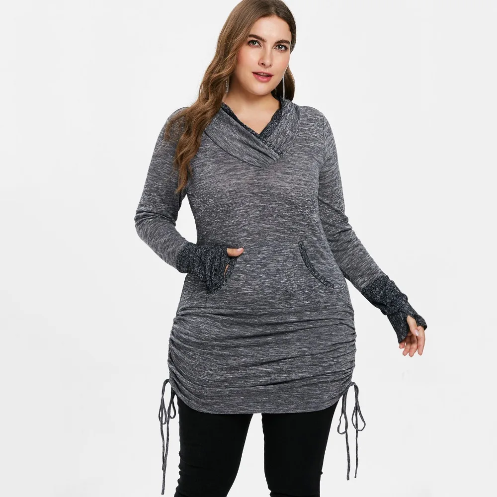 

Wipalo Plus Size 5XL Smokey Gray Extra Long T-Shirt Casual Ribbed Cuff Kangaroo Pocket Shirred Side Marled Tee Women Autumn Top