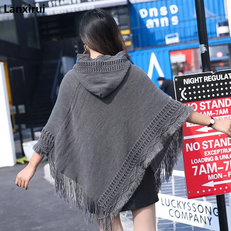 

New Women Women Batwing Knitwear Sleeve Tassels Hem Pullover Irregularity Cloak Poncho Cape Tops Knitting Sweater Coat Shawl