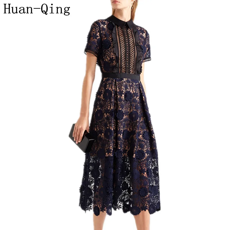 Huan-Qing летнее подиумное женское сексуальное кружевное платье-туника с цветочным