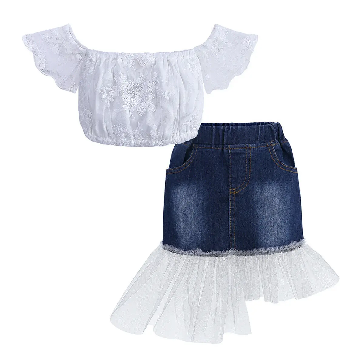 IMCUTE New White Flare Sleeve Top Irregular Denim Lace Skirt 2PCS Toddler Baby Girls Clothes Set
IMCUTE New White Flare Sleeve Top Irregular Denim Lace Skirt 2PCS Toddler Baby Girls Clothes Set