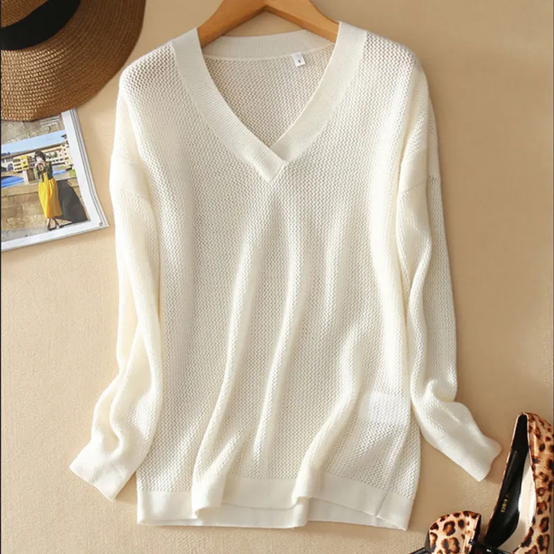 2018 Spring New White Cashmere Sweater Women's 100% Pure Cashmere Female Sweters Jumper V-neck Hollow Out Long Sleeve Pullover
2018 Spring New White Cashmere Sweater Women's 100% Pure Cashmere Female Sweters Jumper V-neck Hollow Out Long Sleeve Pullover
