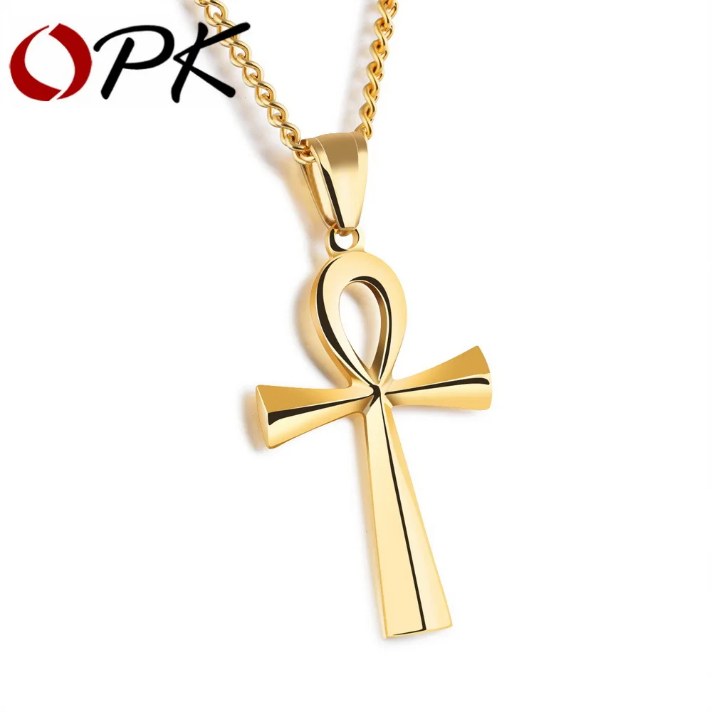Image OPK  Ankh Cross Pendant Men  s Necklace Steel   Black   Gold Color Stainless Steel Smooth Design Blessing Religious Gift GX1180