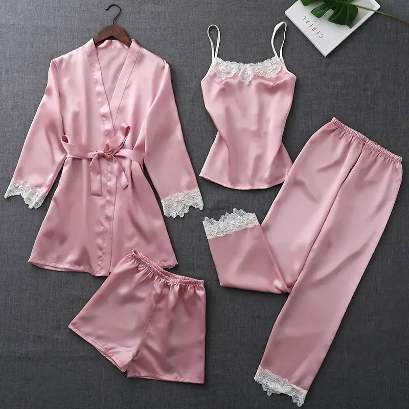 Sexy 4 Pieces Pajamas Set Women Faux Silk Lace Sleeveless Shirt Shorts Suit Summer Robe Pants Pyjamas Sleepwear Home Wear
Sexy 4 Pieces Pajamas Set Women Faux Silk Lace Sleeveless Shirt Shorts Suit Summer Robe Pants Pyjamas Sleepwear Home Wear
