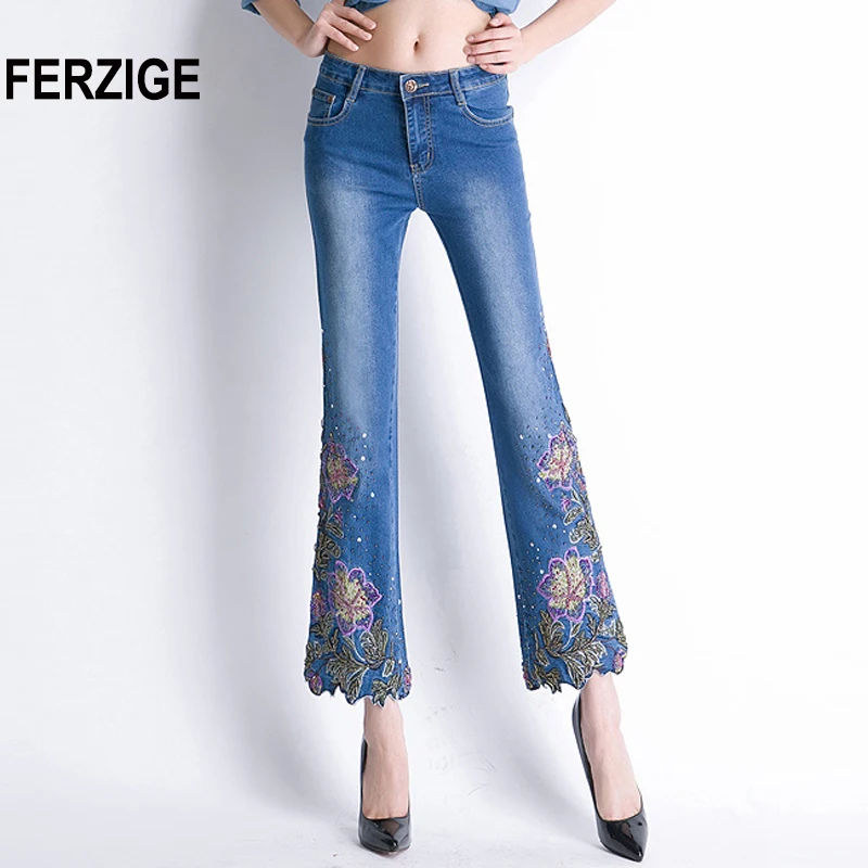 FERZIGE Women Jeans High Waist Stretch Floral Embroidered Flares Bell Bottoms Hand Beading Slim Fit Boot Cut Ankle-length Pants
FERZIGE Women Jeans High Waist Stretch Floral Embroidered Flares Bell Bottoms Hand Beading Slim Fit Boot Cut Ankle-length Pants