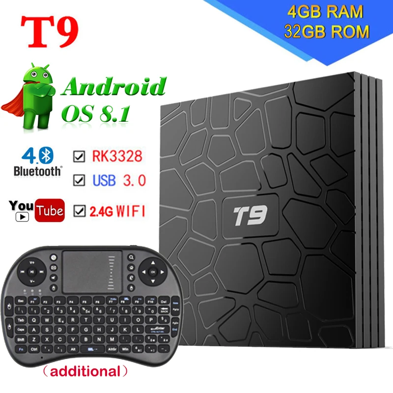 2018 New Smart Android 9.0 TV Box T9 4GB 32GM ROM RK3328 Quad Core BT4.0 H.265 4K 2.4GHz/5GHz WIFI IPTV Set-top box Media Player
2018 New Smart Android 9.0 TV Box T9 4GB 32GM ROM RK3328 Quad Core BT4.0 H.265 4K 2.4GHz/5GHz WIFI IPTV Set-top box Media Player