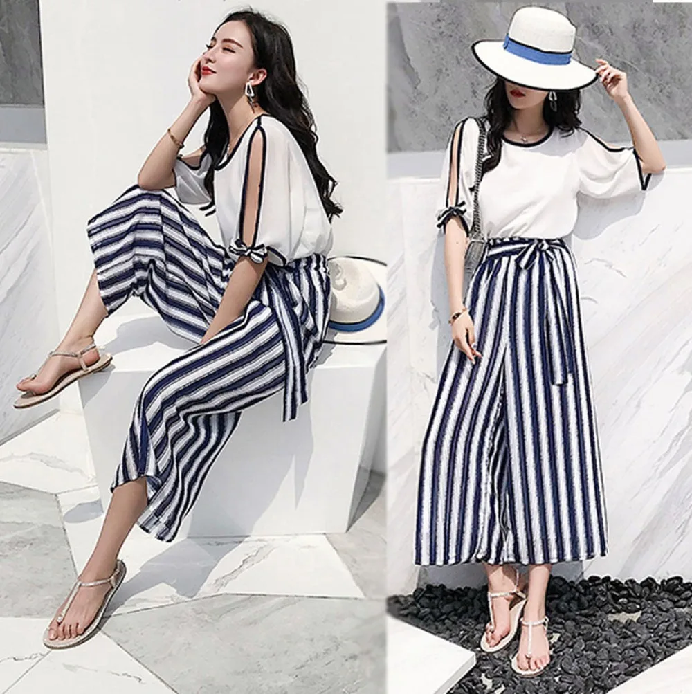 Women sets pants suits chiffon tops + striped wide leg pants suit casual female office suit fashion two pieces set plus size
Women sets pants suits chiffon tops + striped wide leg pants suit casual female office suit fashion two pieces set plus size
