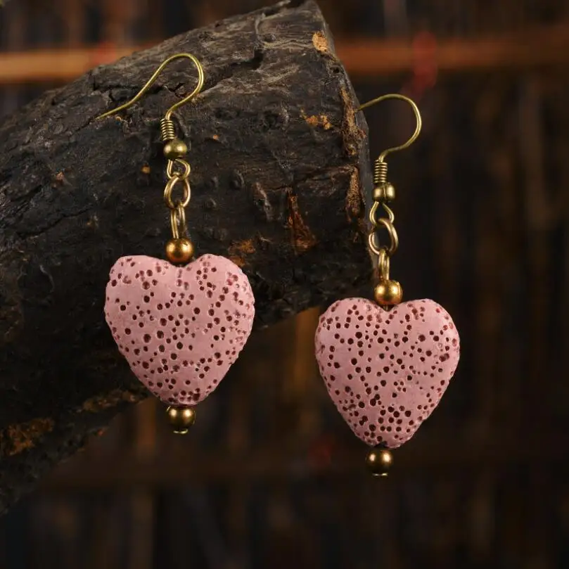 2CM Round Heart Colourful Lava Stone Aromatherapy Essential Oil Diffuser Earrings Jewelry Women Volcanic Rock Bronze | Украшения и
