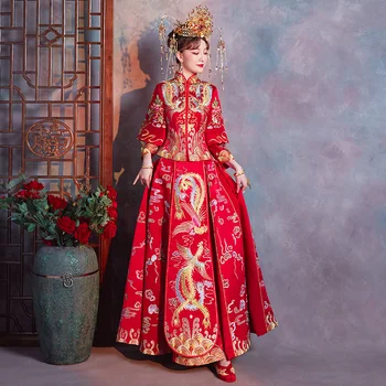 

Oriental Mandarin Collar Bride Marriage Dress Suit Novelty Embroidery Phoenix Women Qipao Full Length Toast Clothing Cheongsam