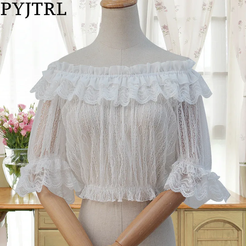 PYJTRL Lovely Lolita One Word Collar Lace Ultrathin Undershirts Black White Lace Off Shoulder Crop Top Ropa Mujer Women Camisas
PYJTRL Lovely Lolita One Word Collar Lace Ultrathin Undershirts Black White Lace Off Shoulder Crop Top Ropa Mujer Women Camisas