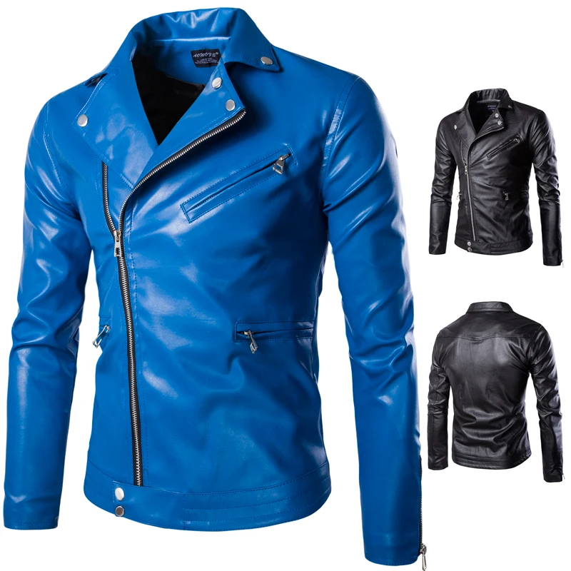High Quality Men Slim Blue Leather Jackets Punk style leather jacket Autumn New Male Oblique Zipper PU Leather Coats Size 5XL
High Quality Men Slim Blue Leather Jackets Punk style leather jacket Autumn New Male Oblique Zipper PU Leather Coats Size 5XL