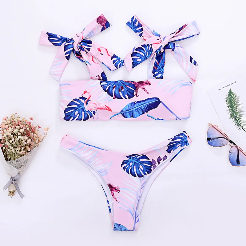 

2019 Sexy Brazilian Bikini Set Swimwear White Women Swimsuit Bathing Suit Cami Palm Leaf Print Biquini Swim Suit Maillot De Bain